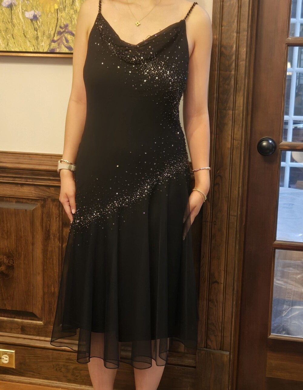 Xscape Black Beaded Silk/Nylon Bias Cut Midi Dress Size 8 FLAWs